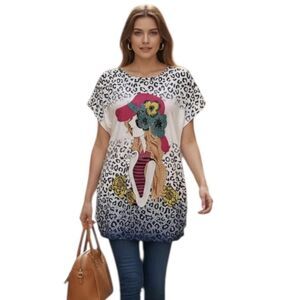 Blossom By P Tunic Shirt Womens One Size Leopard Girl Graphic Rhinestone Top